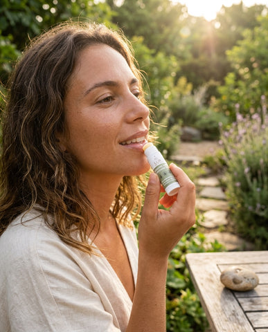 Woman applying lip balm outdoors in a garden setting